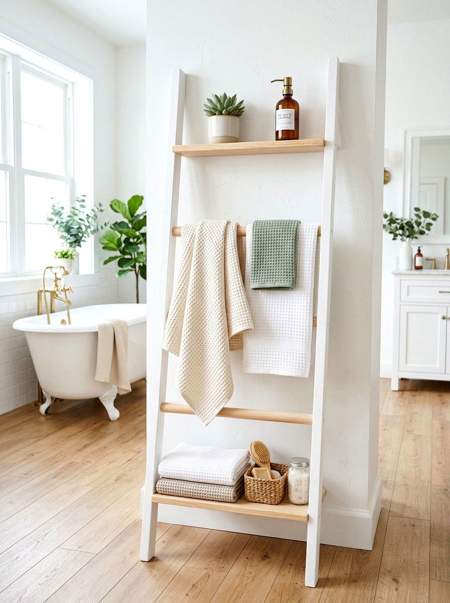 Leaner ladder towel shelf - 30 spa shelf styling bathroom ideas