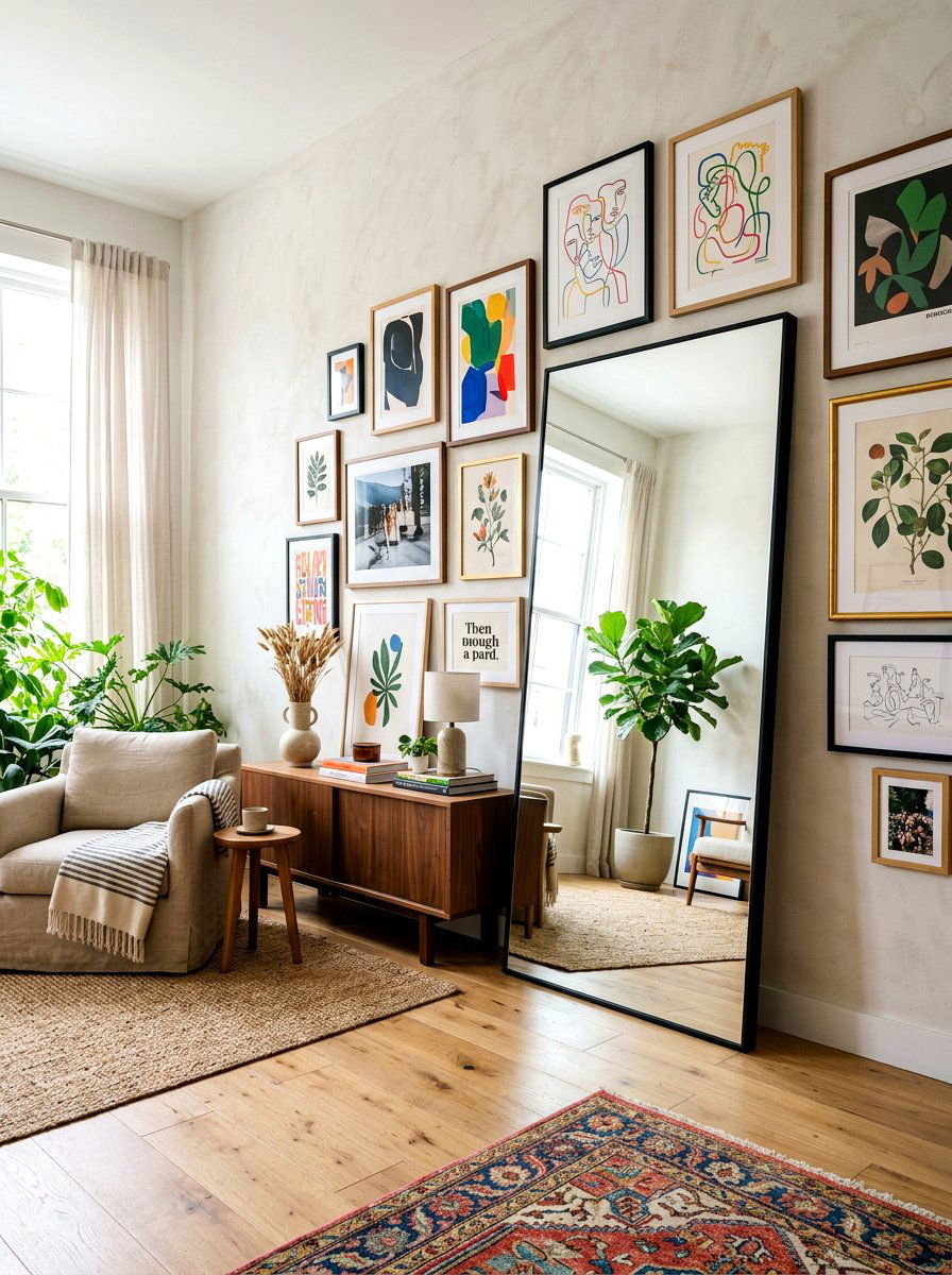 Leaner mirror and art mix - 30 salon wall entry ideas