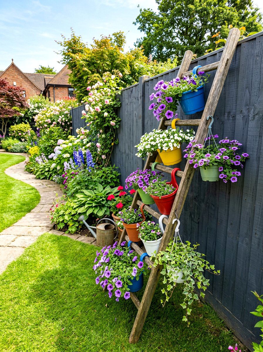 Leaning Ladder Flower Display - 30 repurposed ladder garden ideas