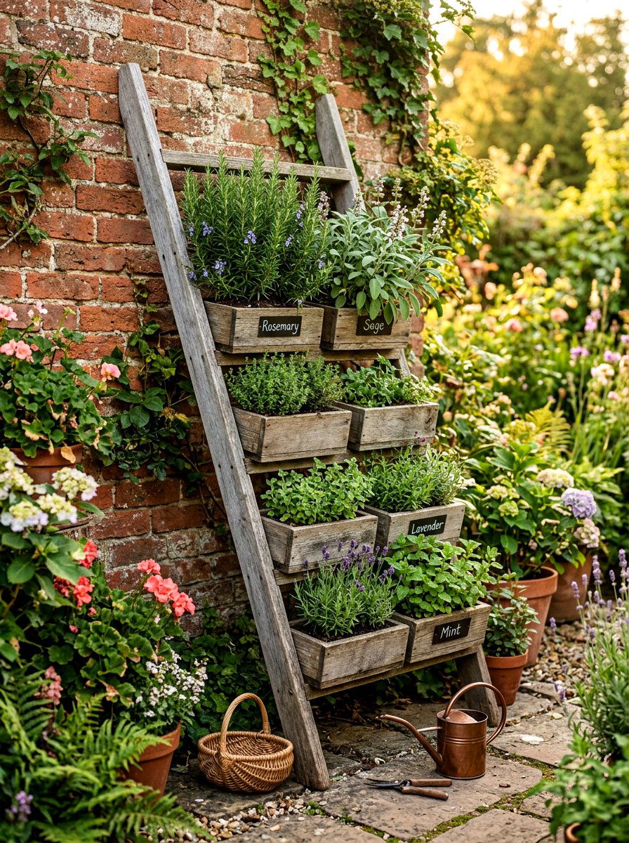 Leaning Ladder Herb Garden - 30 tiered herb planter ideas