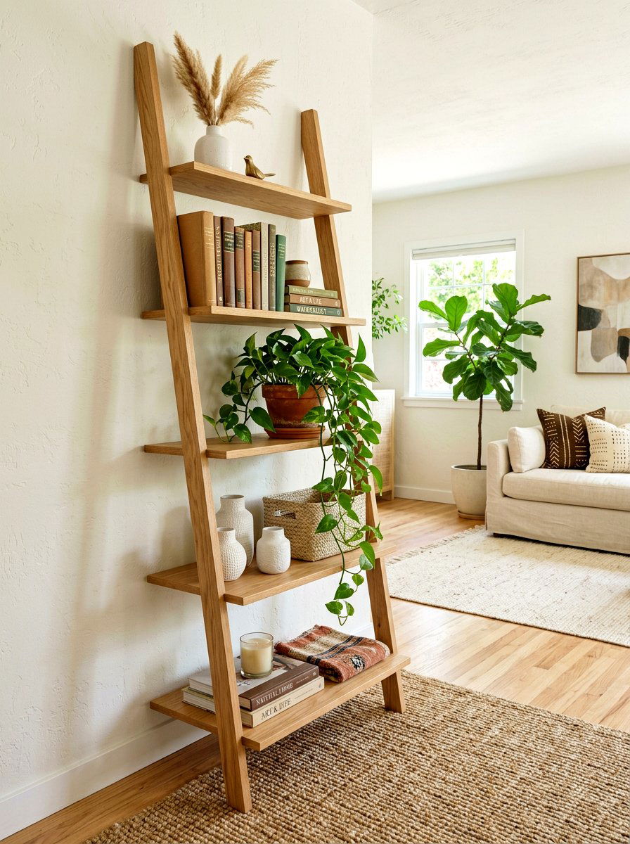 Leaning Ladder Shelf - 30 no drill shelf styling ideas
