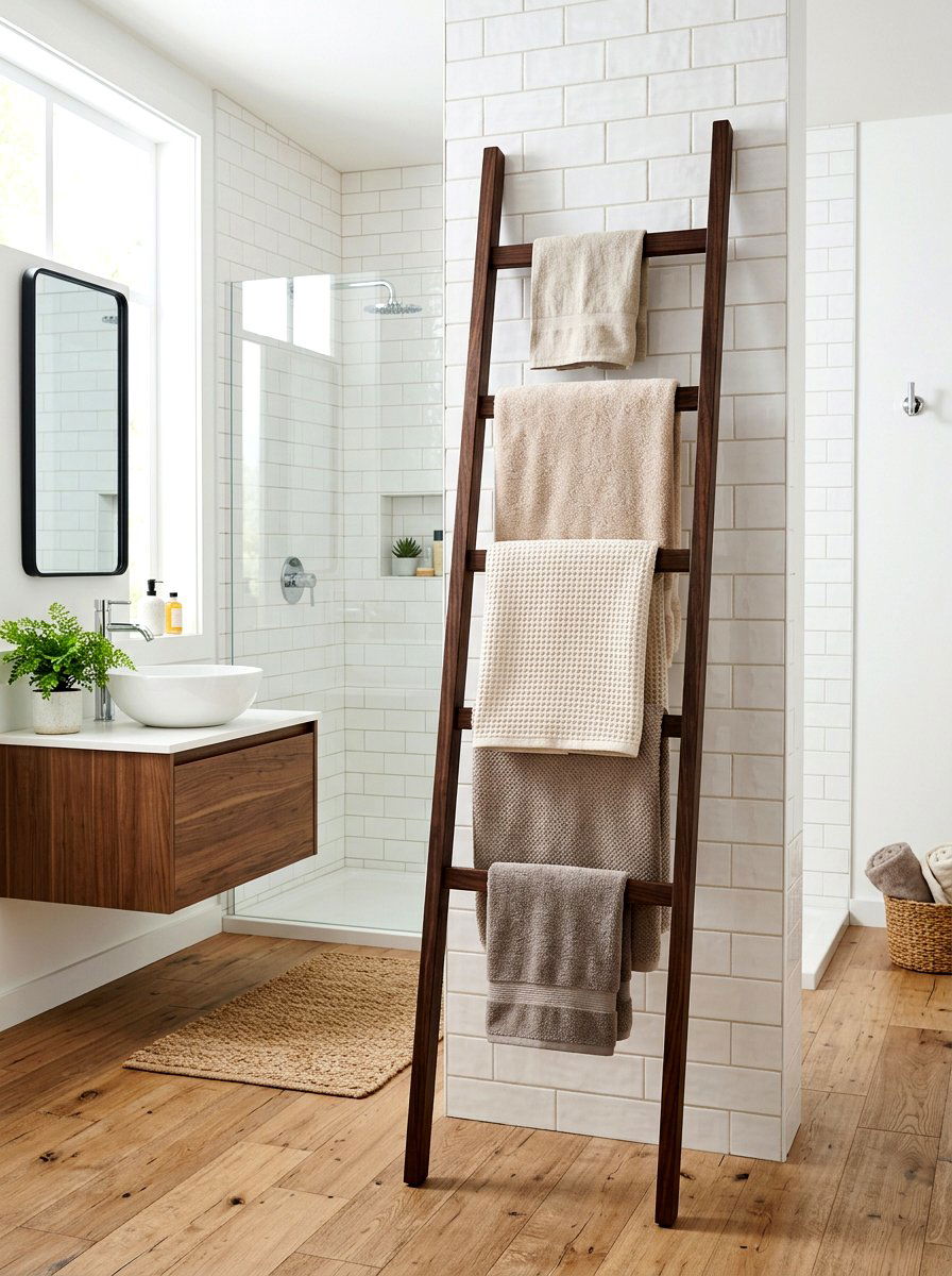 Leaning Towel Ladder - 30 winter bathroom styling ideas