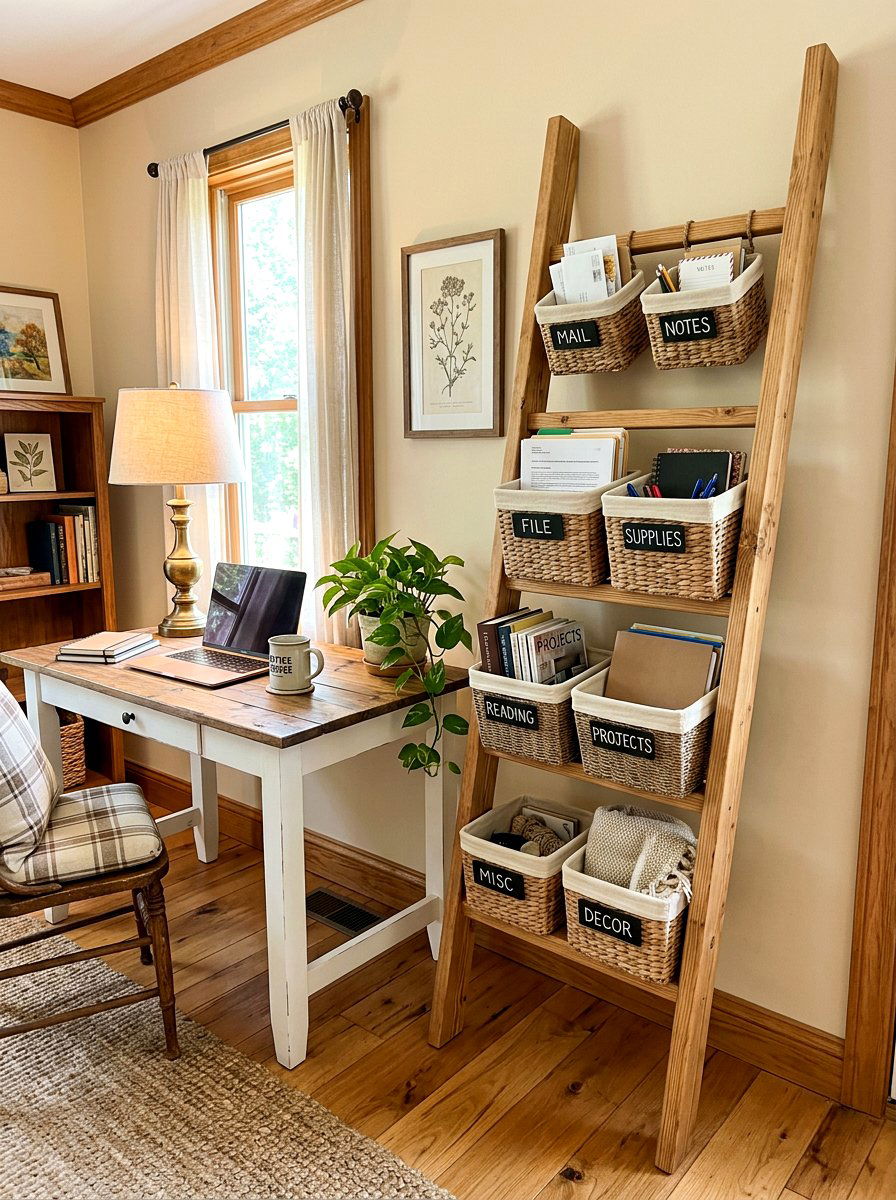 Leaning blanket ladder - 30 renter friendly home office ideas