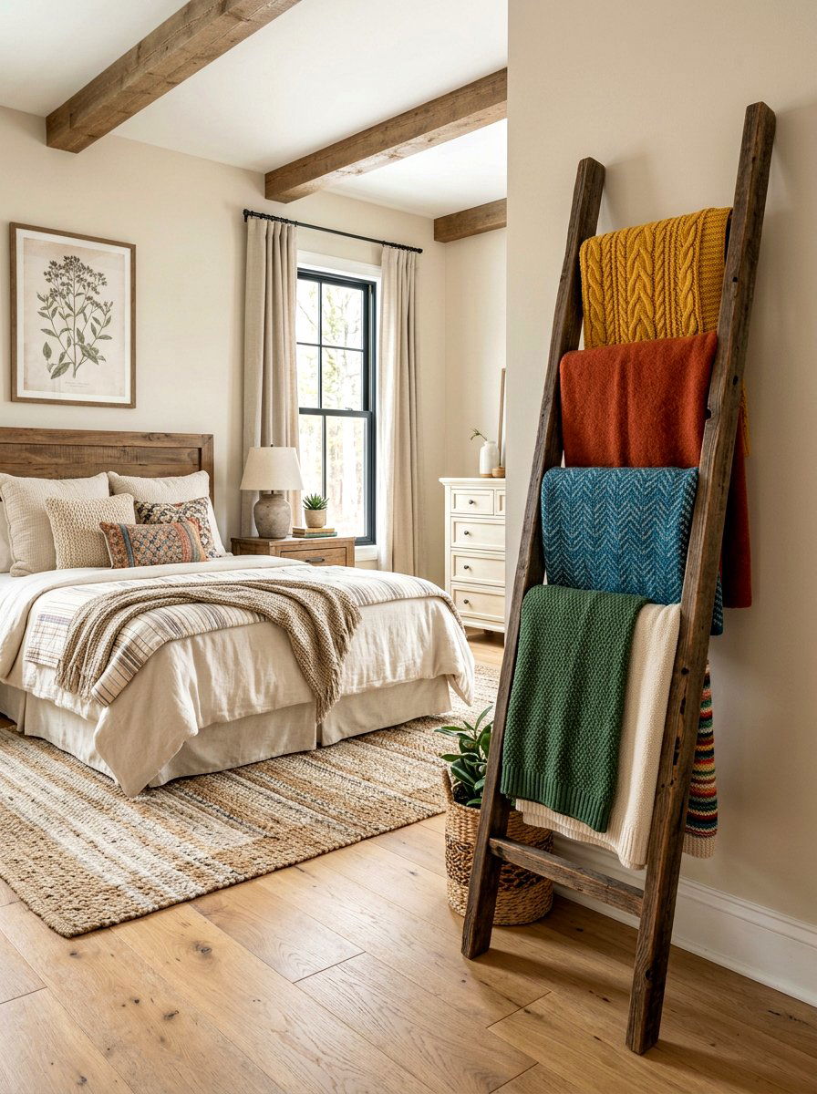 Leaning blanket ladder - 30 no drill shelving ideas