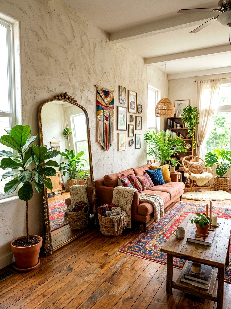 Leaning brass living room mirror - 30 antique brass mirror decor ideas