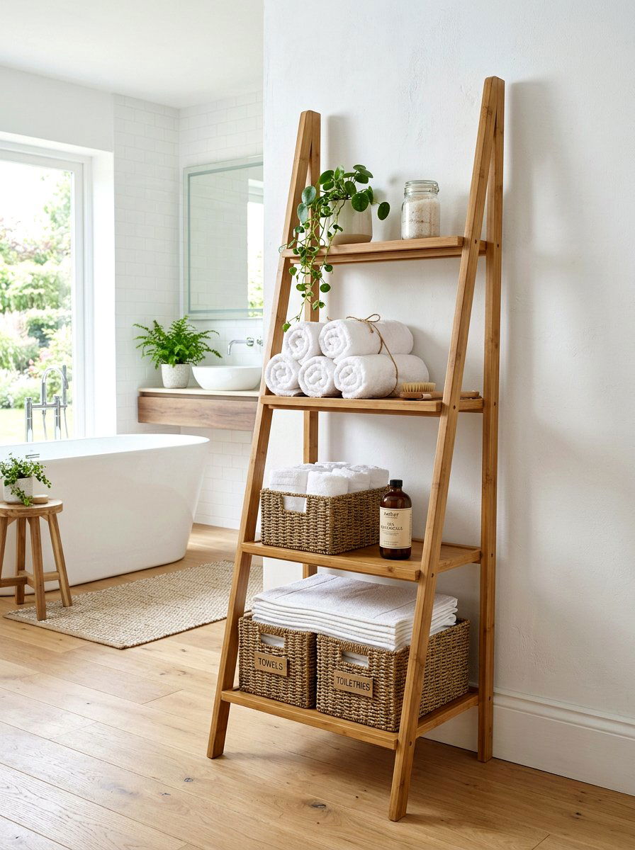 Leaning ladder shelf - 30 renter safe bathroom shelf ideas