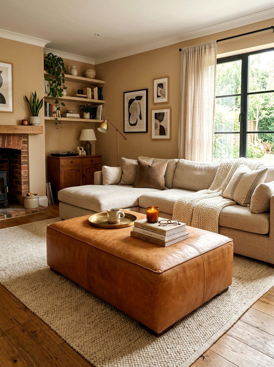 Leather Accent Ottoman - 30 toasted beige living room ideas