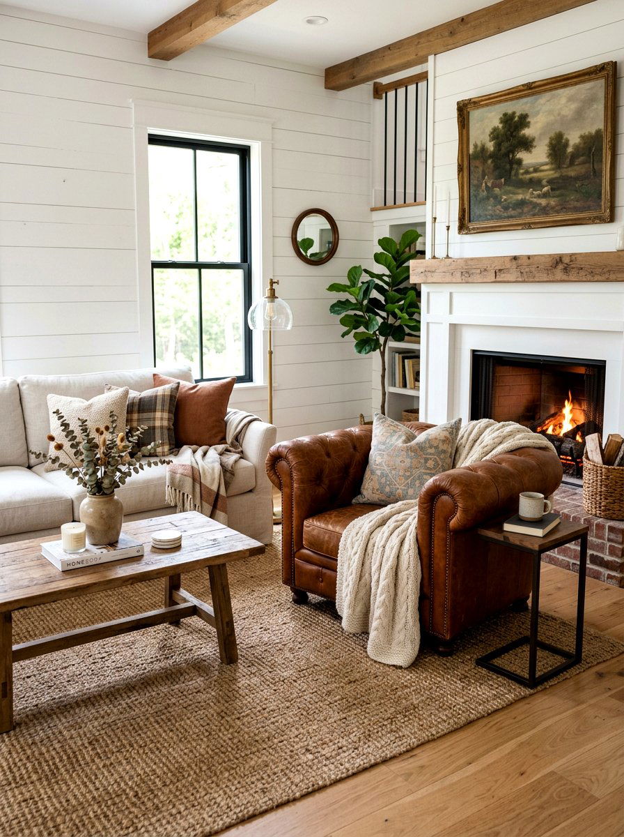 Leather Armchair Accent - 30 rustic farmhouse living room ideas