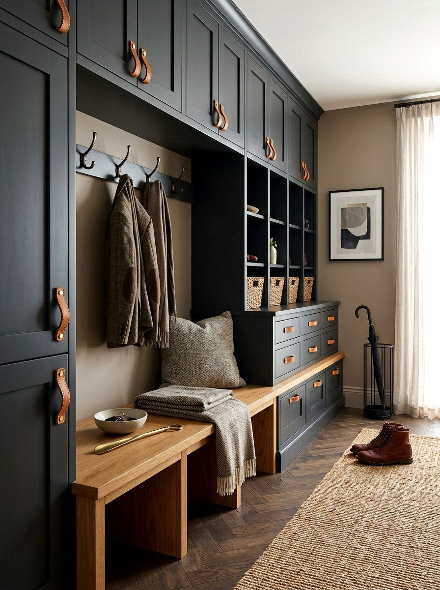 Leather Cabinet Pulls - 30 quiet luxury mudroom ideas