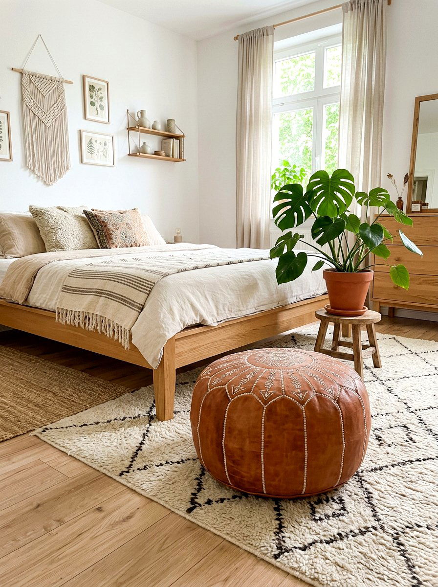 Leather Moroccan Pouf - 30 Moroccan bedroom ideas