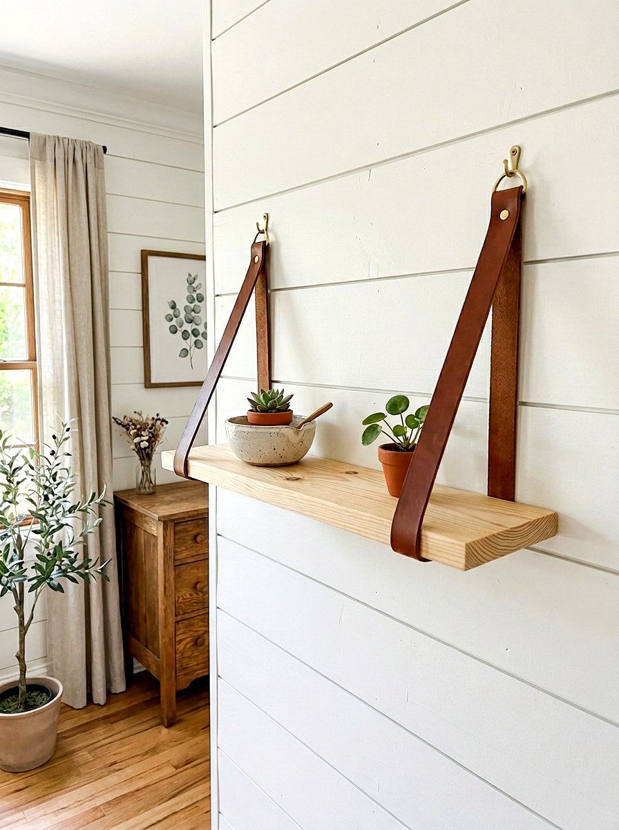 Leather Strap Hanging Shelf - 30 wall mounted nightstand ideas