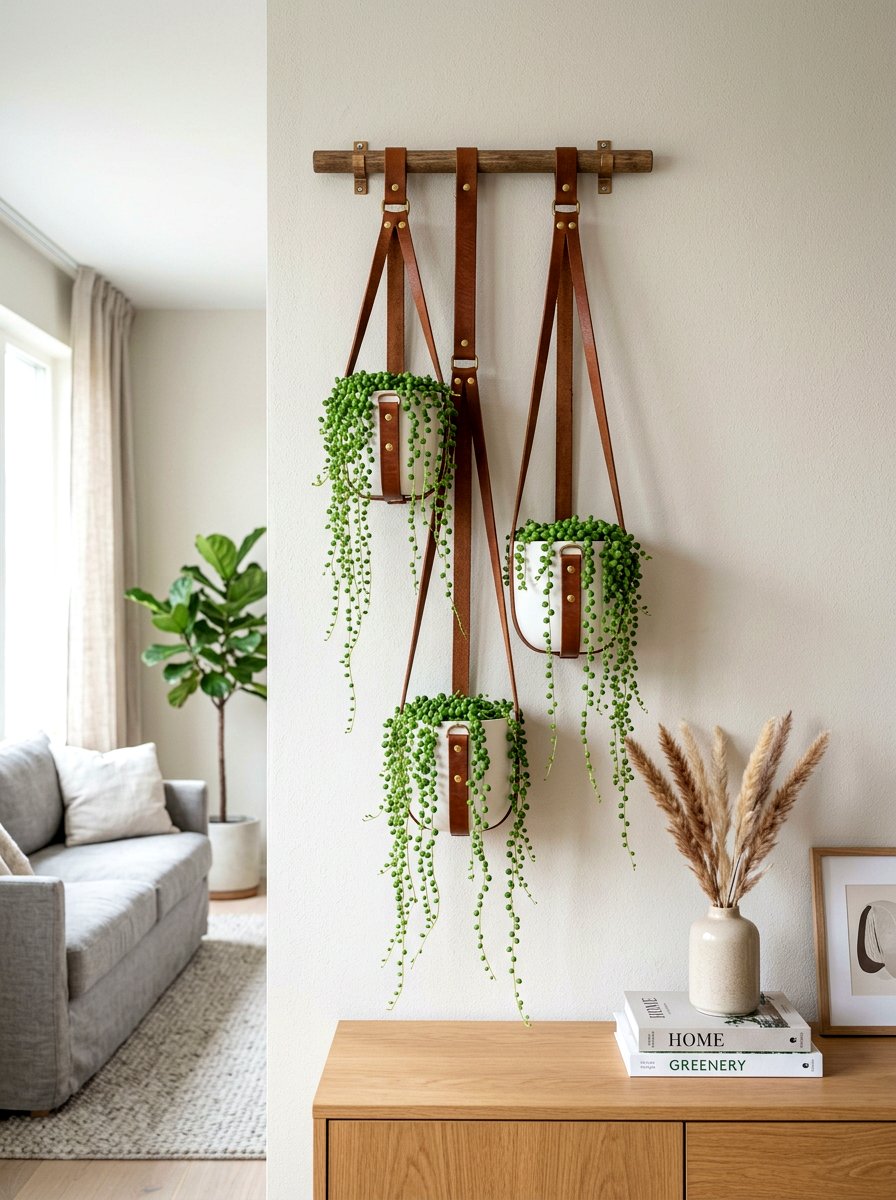 Leather Strap Wall Hanger - 30 hanging wall garden ideas