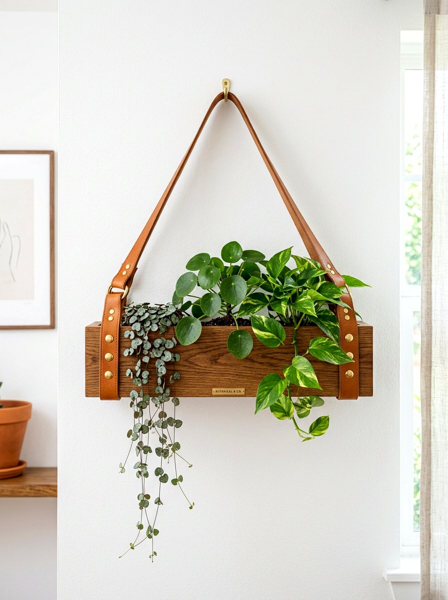 Leather Strap Wood Planter - 30 rustic vertical garden ideas