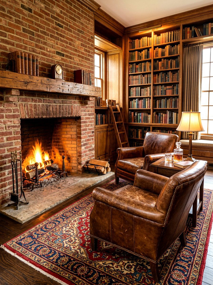 Leather club chairs fireside - 30 hearth seating ideas