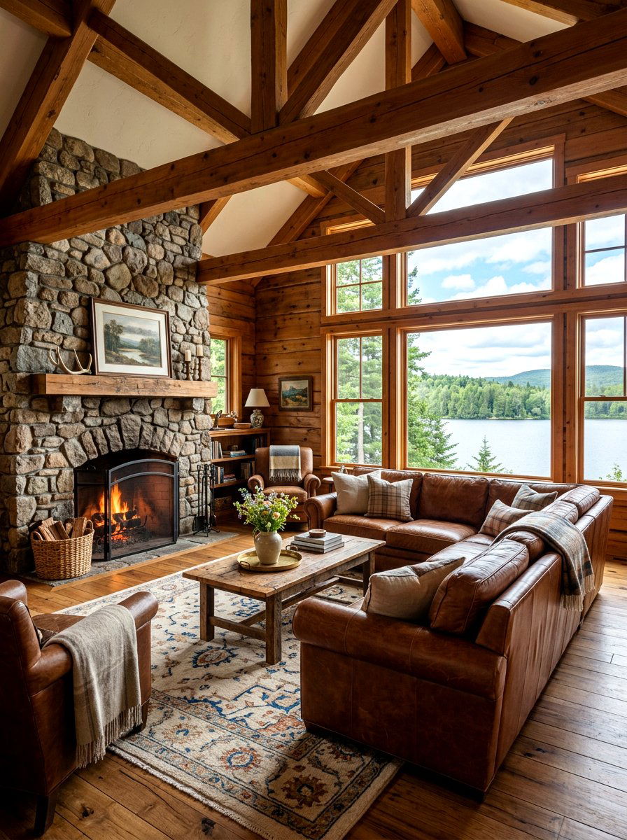 Leather sofa lake house - 30 lake house living room ideas