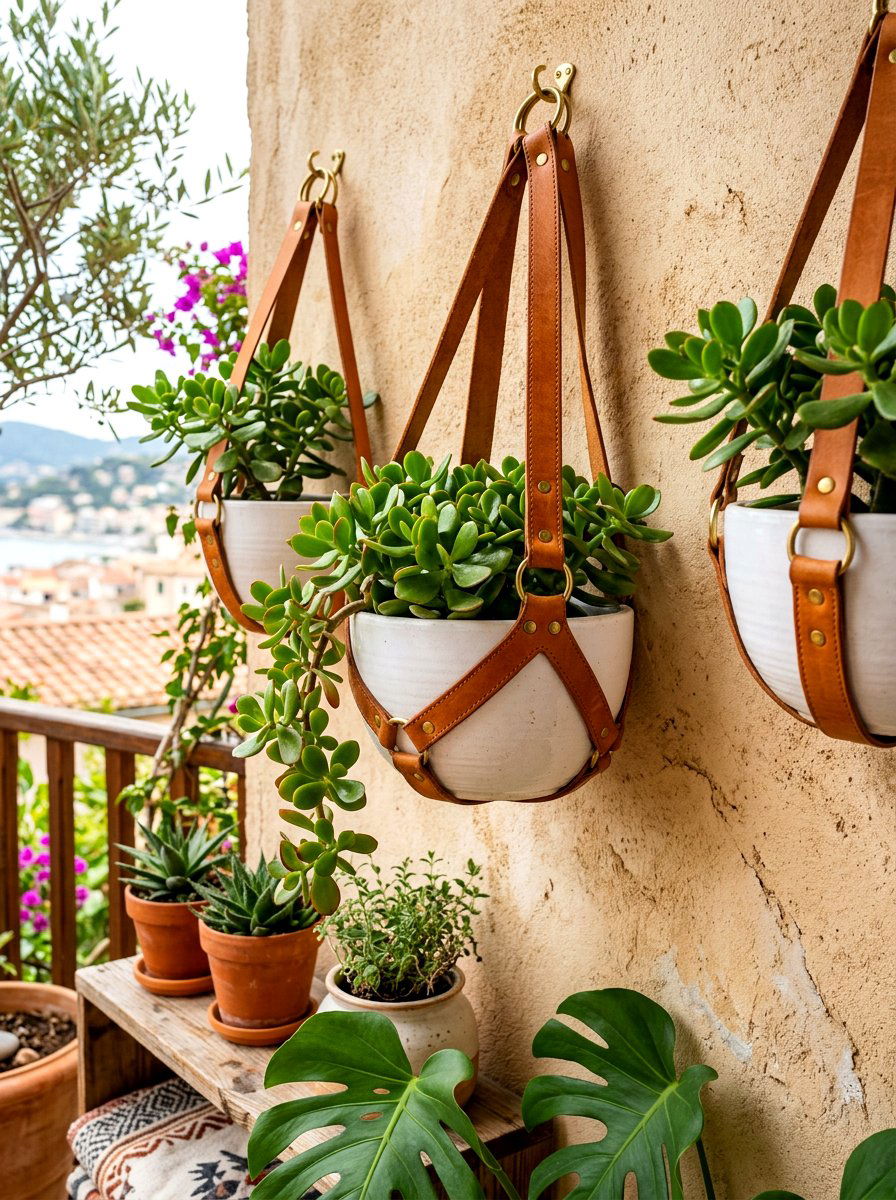 Leather strap hanging pot - 30 balcony planter wall ideas