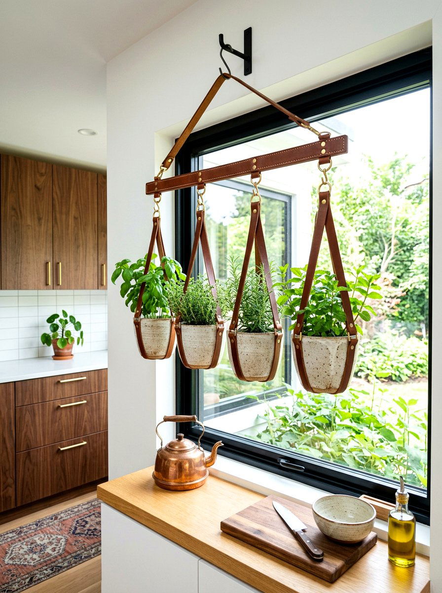 Leather strap herb hanger - 30 windowsill herb garden ideas