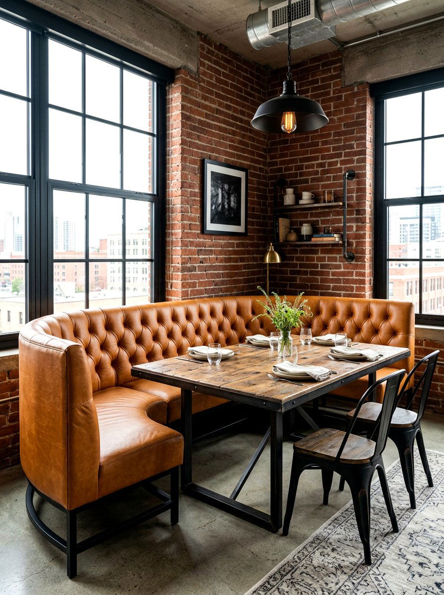 Leather upholstered curved banquette - 30 curved banquette ideas