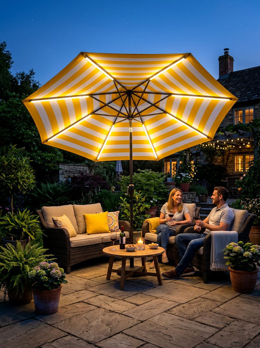 Led Light Striped Umbrella - 30 striped umbrella patio ideas