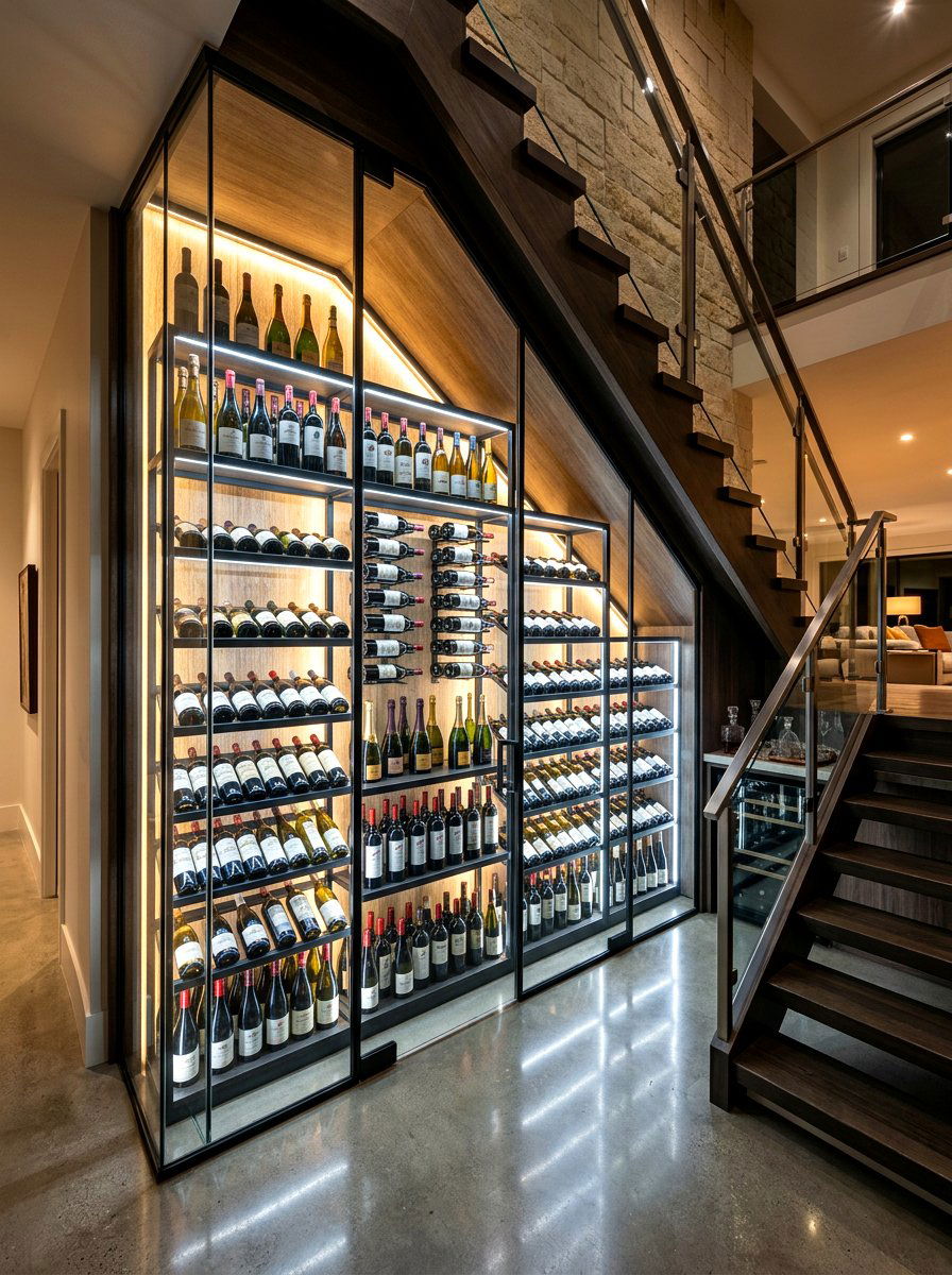 Led Lit Wine Showcase - 30 under stairs wine nook ideas