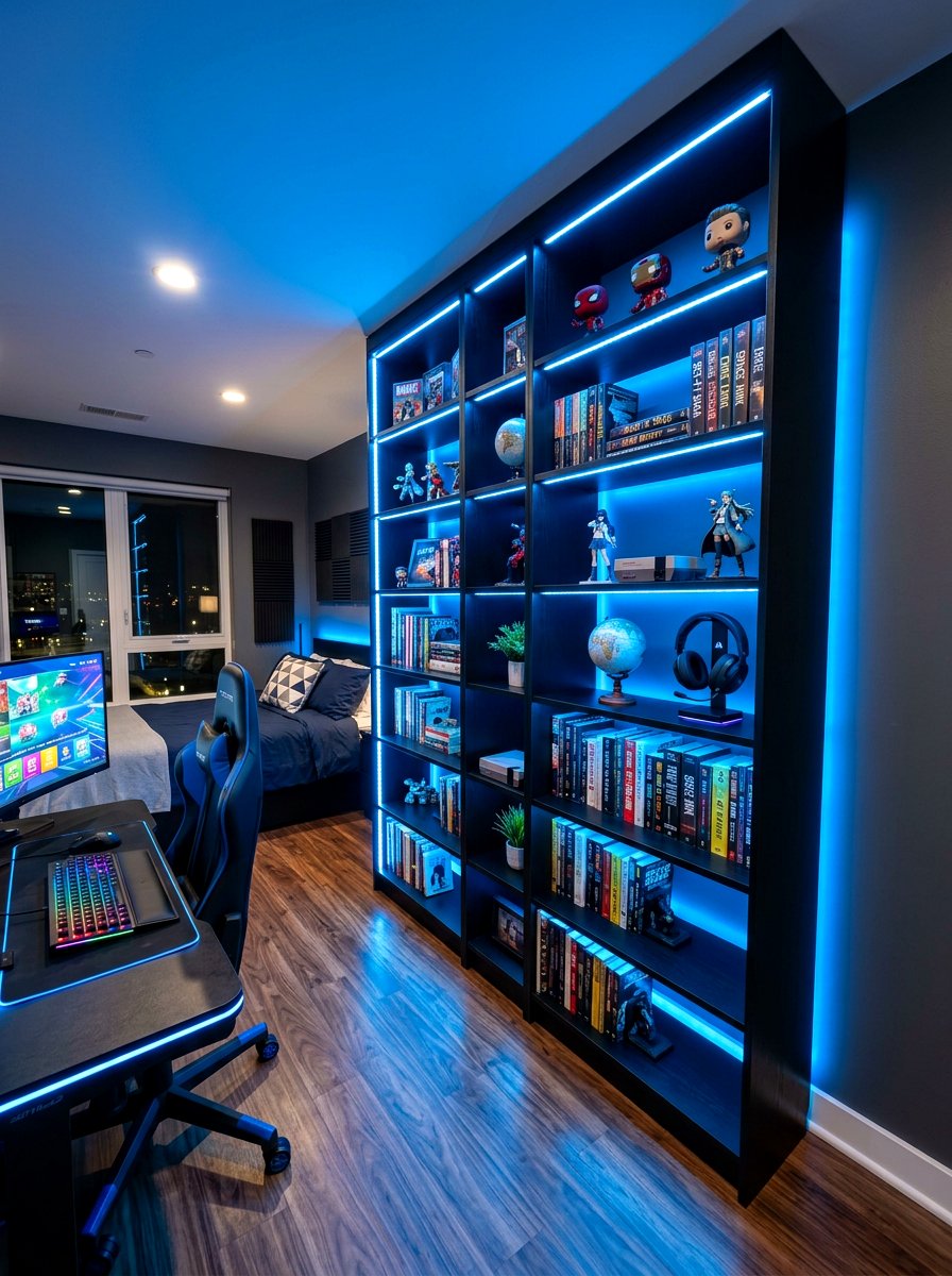 Led strip light bookshelf - 30 book lover teen room ideas