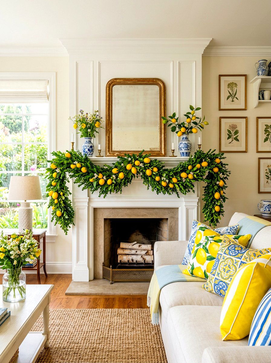 Lemon And Boxwood Mantel - 30 spring mantel styling ideas