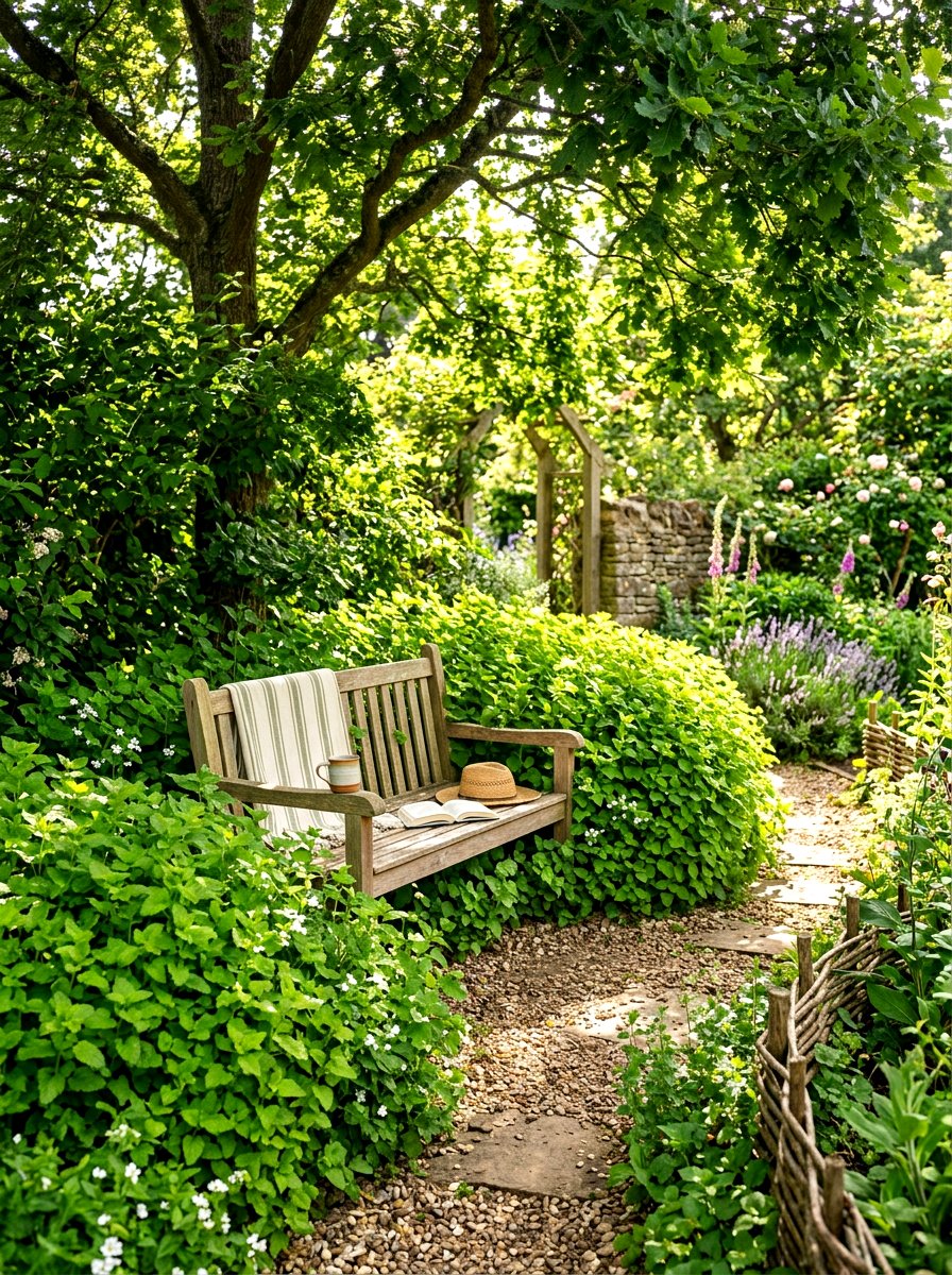 Lemon Balm Seating Nook - 30 sensory herb garden ideas