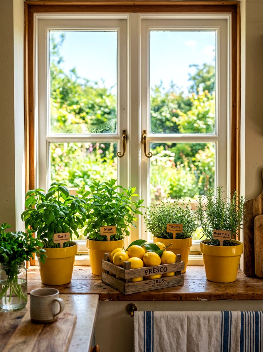 Lemon Herb Window Display - 30 summer lemon kitchen ideas