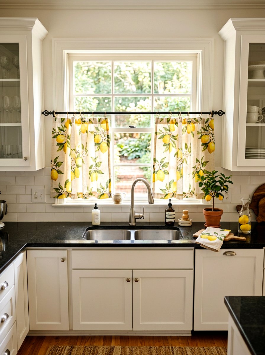 Lemon Print Curtain Style - 30 summer lemon kitchen ideas