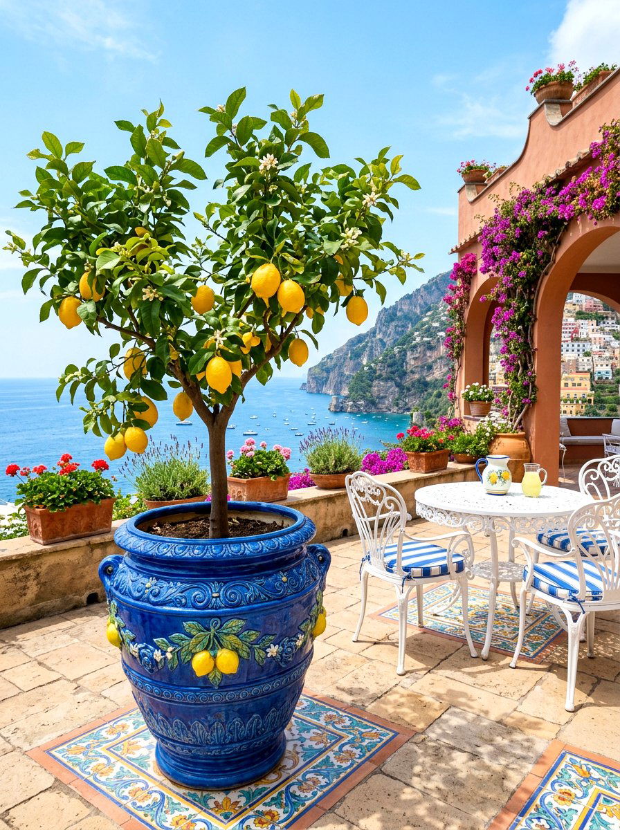 Lemon Tree In Blue Glazed Ceramic Pot - 30 potted citrus patio ideas