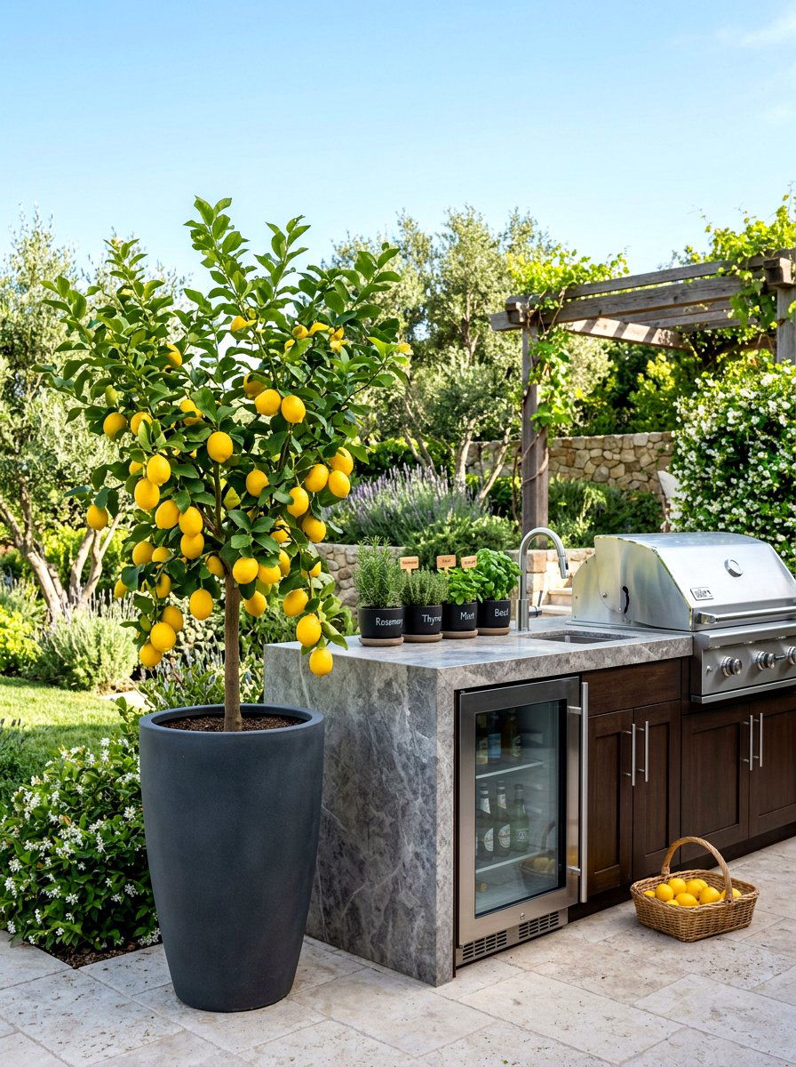 Lemon Tree Next To Outdoor Kitchen - 30 potted citrus patio ideas