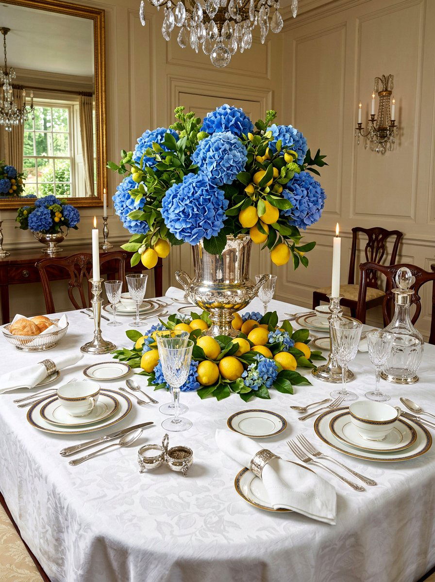 Lemon and blue hydrangeas - 30 lemon tablescape ideas