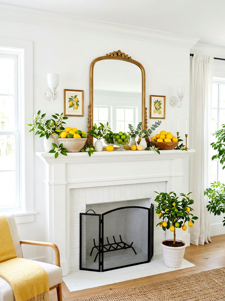 Lemon and citrus mantel - 30 spring mantel decor ideas