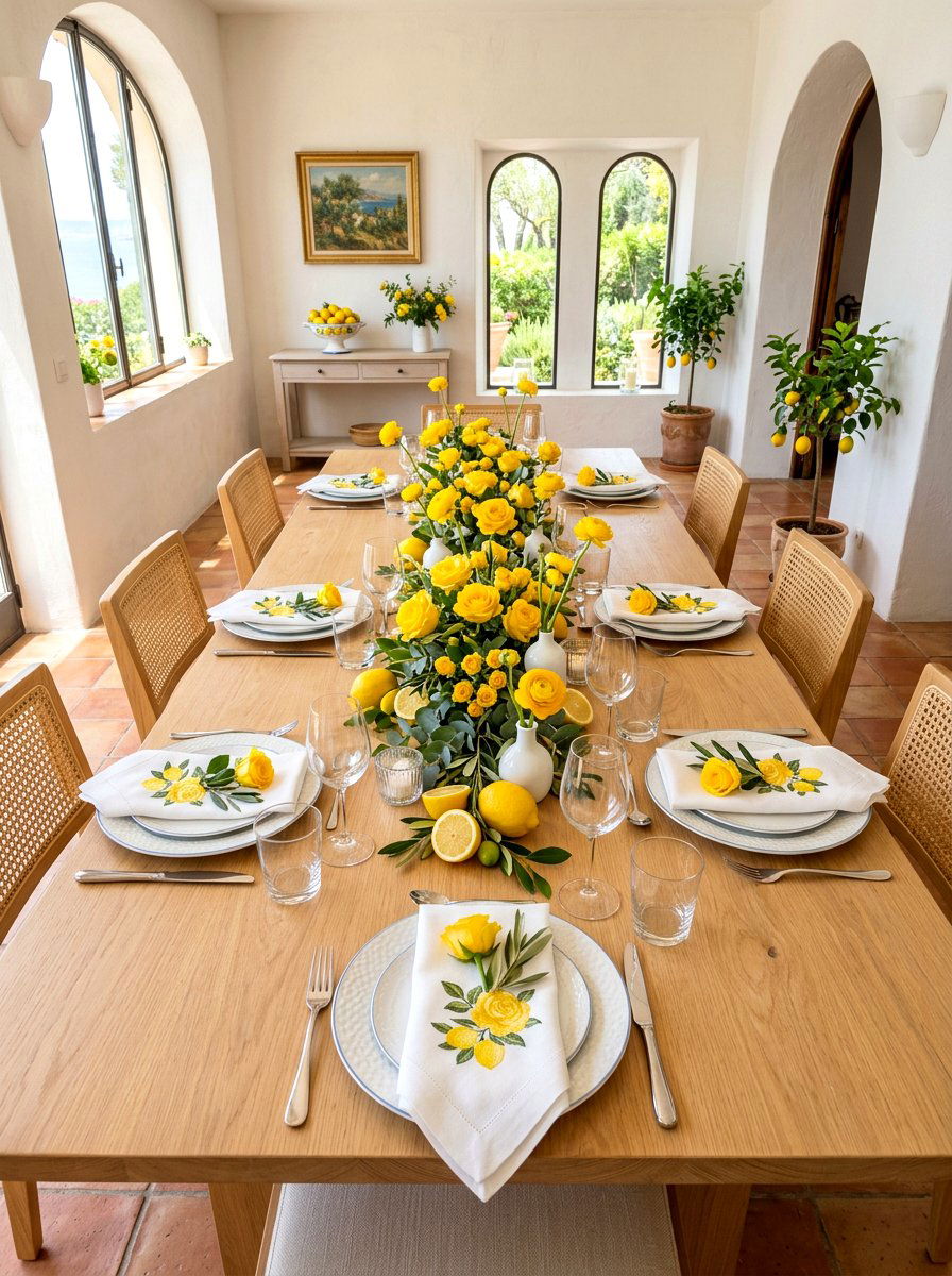 Lemon and yellow rose table - 30 fruit and floral tablescape ideas