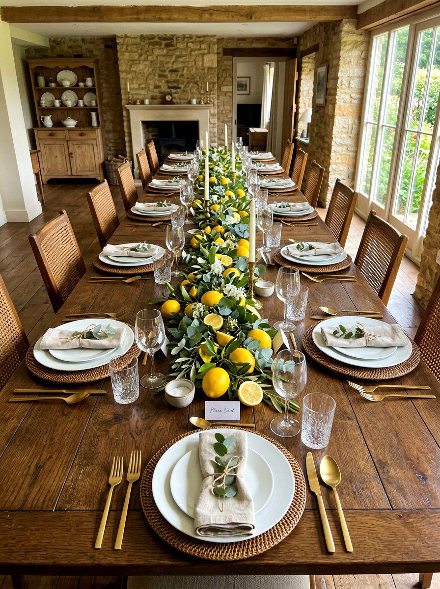 Lemon centerpiece with eucalyptus - 30 lemon tablescape ideas