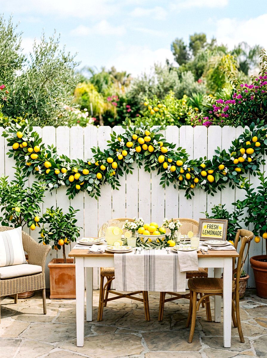 Lemon garland patio backdrop - 30 lemonade patio party ideas