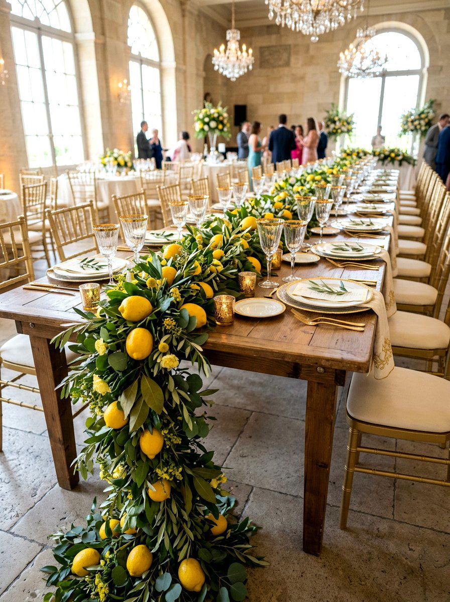 Lemon garland table runner - 30 lemon tablescape ideas