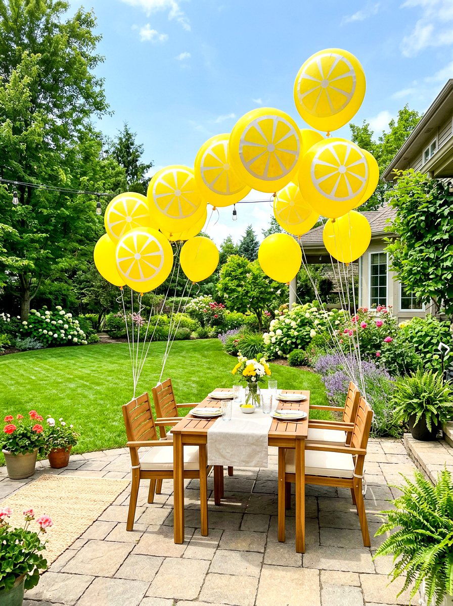 Lemon slice balloons for backyard - 30 lemonade patio party ideas