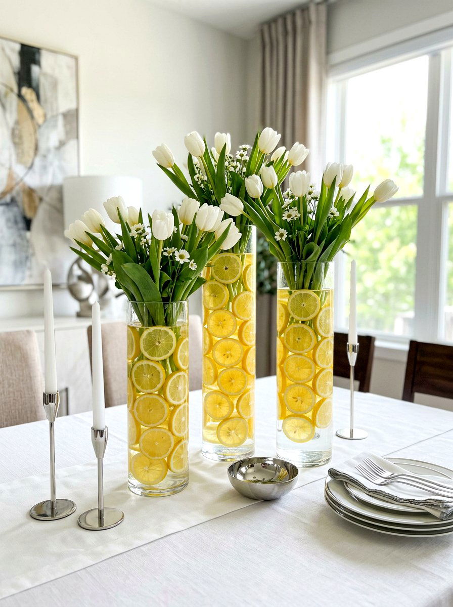 Lemon slices in glass vases - 30 lemon tablescape ideas