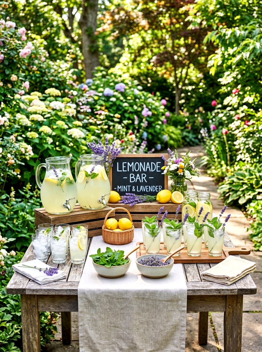 Lemonade bar with herb garnishes - 30 lemonade patio party ideas