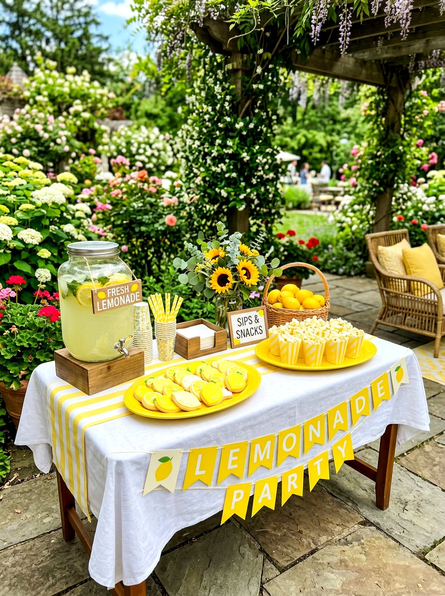 Lemonade party snack table - 30 lemonade patio party ideas