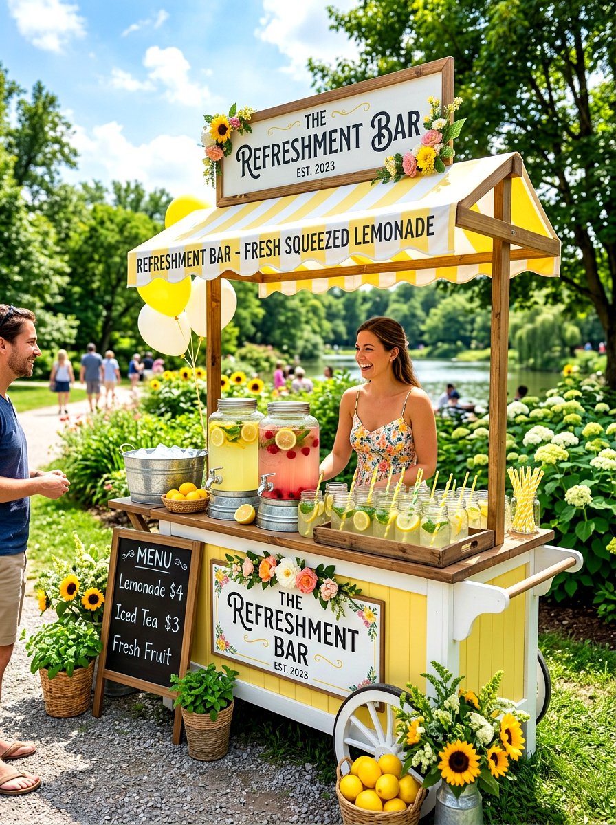 Lemonade stand refreshment bar - 30 baby shower backyard decor ideas