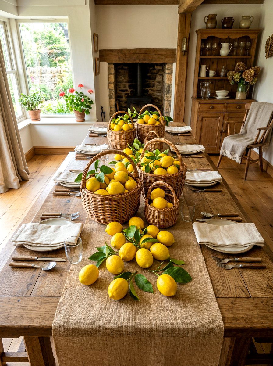 Lemons in wicker baskets - 30 lemon tablescape ideas