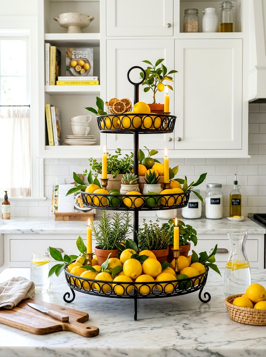 Lemons on tiered trays - 30 lemon tablescape ideas