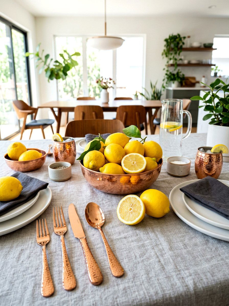 Lemons with copper cutlery - 30 lemon tablescape ideas