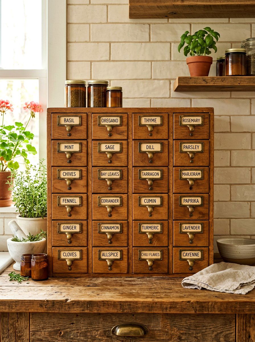 Library Card Catalog Herb Storage - 30 file drawer kitchen ideas