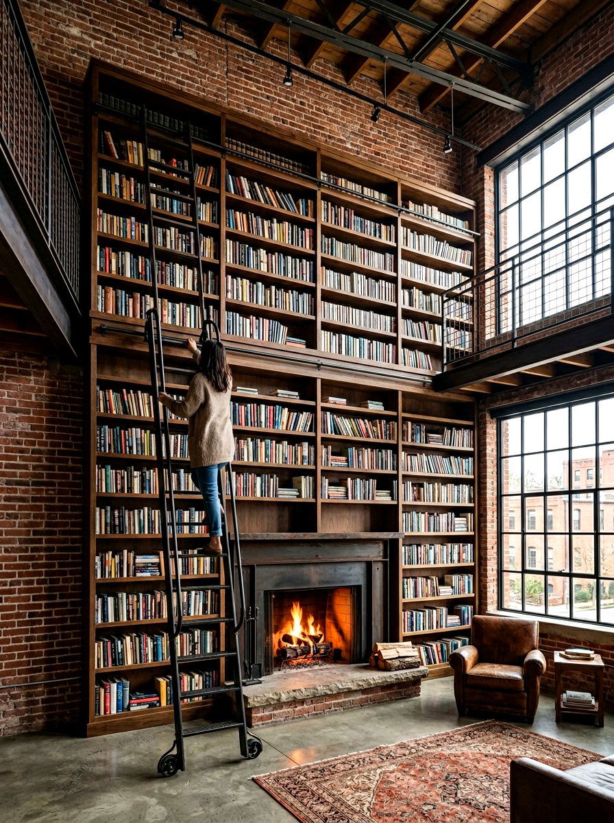 Library Fireplace With Rolling Ladder - 30 library fireplace ideas