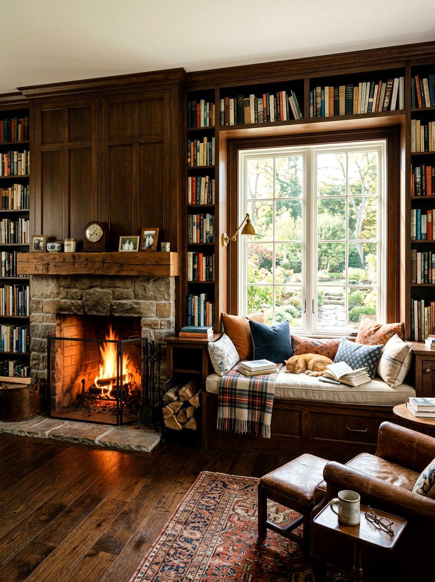 Library Fireplace With Window Seat - 30 library fireplace ideas