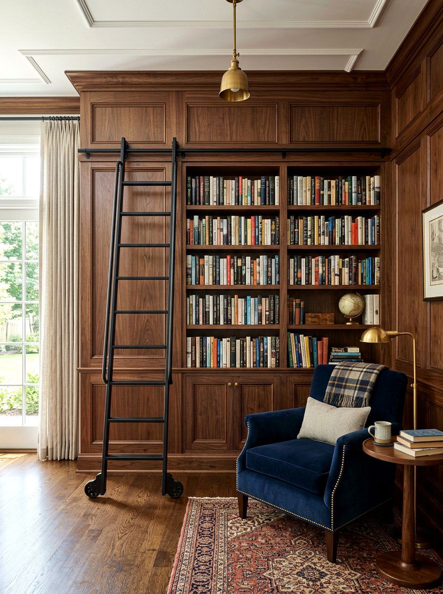 Library Ladder With Wood Paneling - 30 paneled library ideas