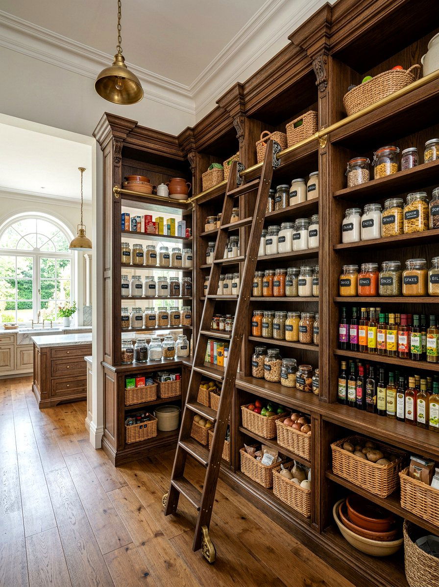 Library Style Rolling Shelf - 30 heritage kitchen shelf ideas